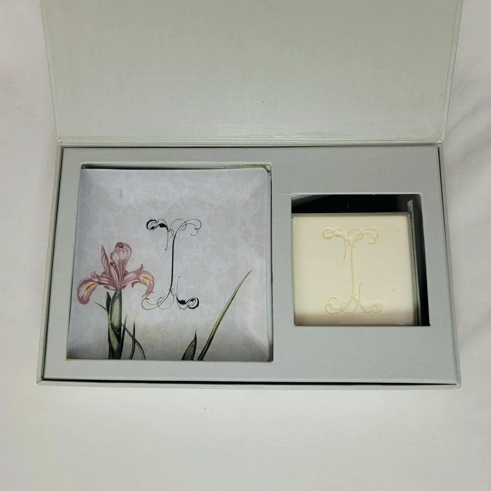 Fringe Studio Monogram I Glass Tray and Blackberry Currant Soap Gift Set Box